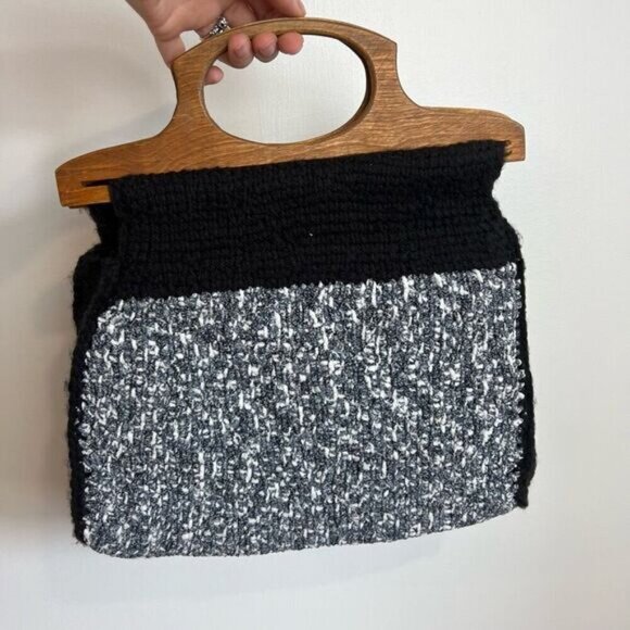 Vintage Handmade Woven Minimalist MCM Boho Clutch Bag Purse Wood Handle Retro - Picture 2 of 11